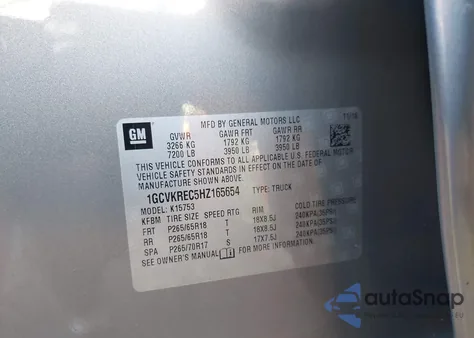 2017 Chevrolet Silverado 1500 2Lt из США, поврежденный, VIN 1GCVKREC5HZ165654